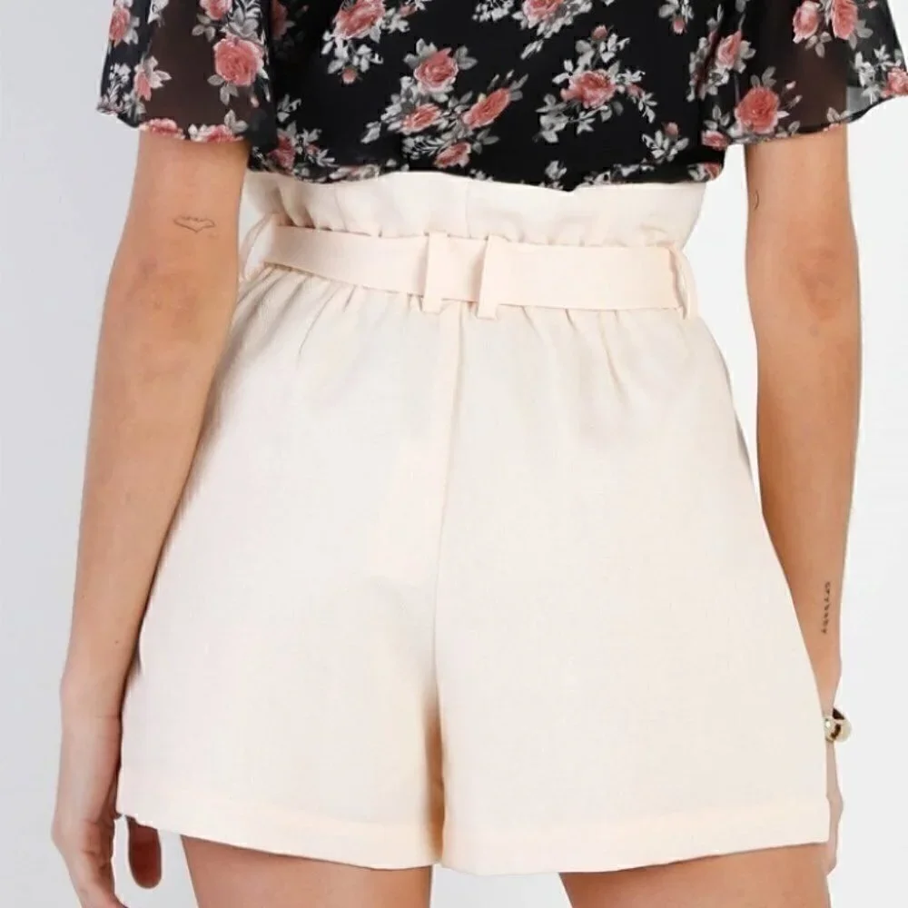 Ivory High Waisted Belt Mini Shorts